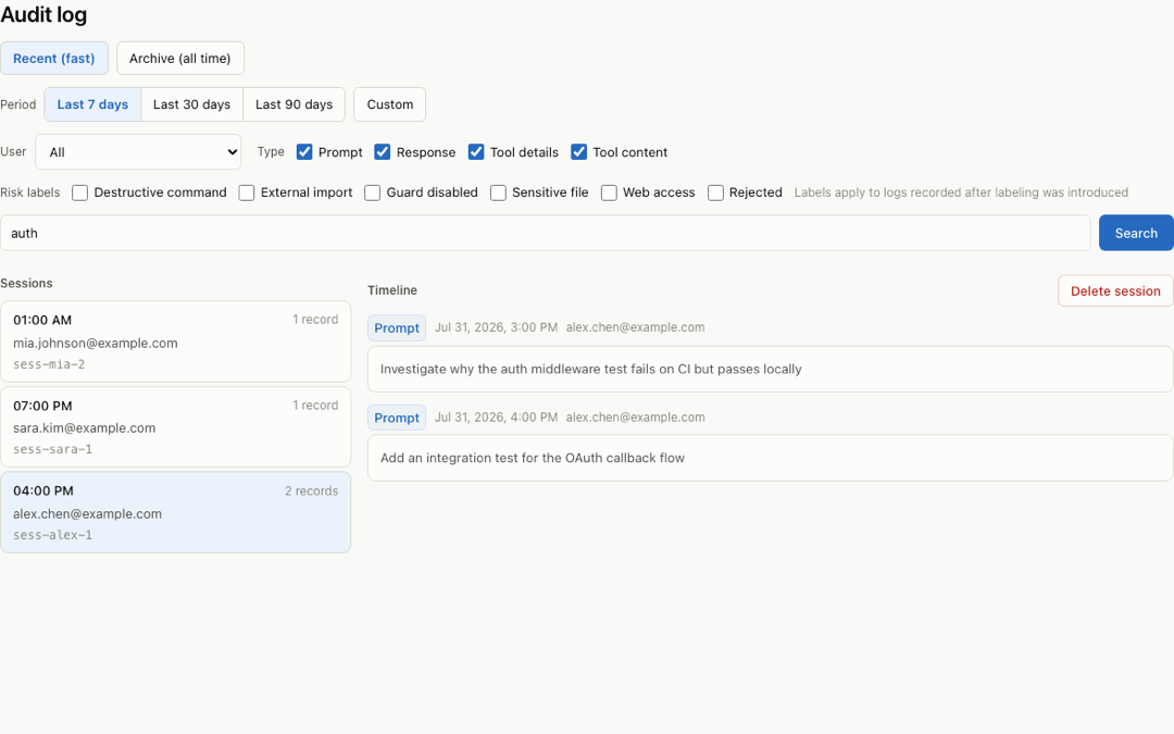 The audit log with demo data: searching for "auth" and reviewing matching prompt records in a session