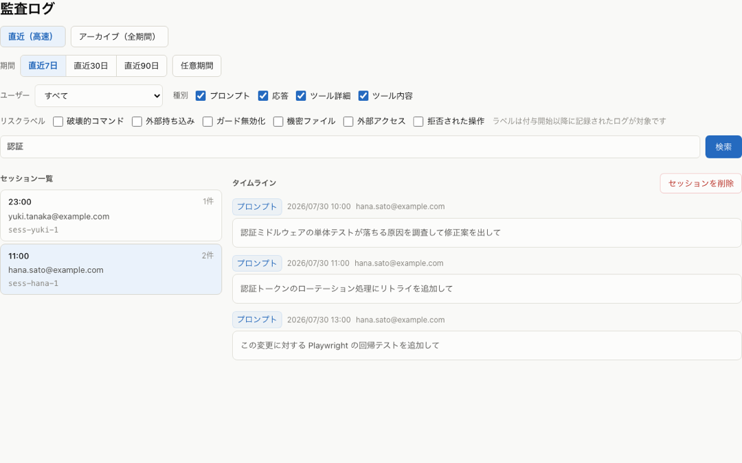 デモデータで表示した監査ログ画面。キーワード「認証」で検索し、一致したセッションのプロンプト記録を表示している